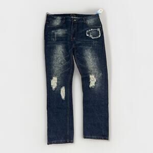 City Ink Denim Jeans Mens 38x34 Distressed Y2K Dark Wash Paisley Straight Leg